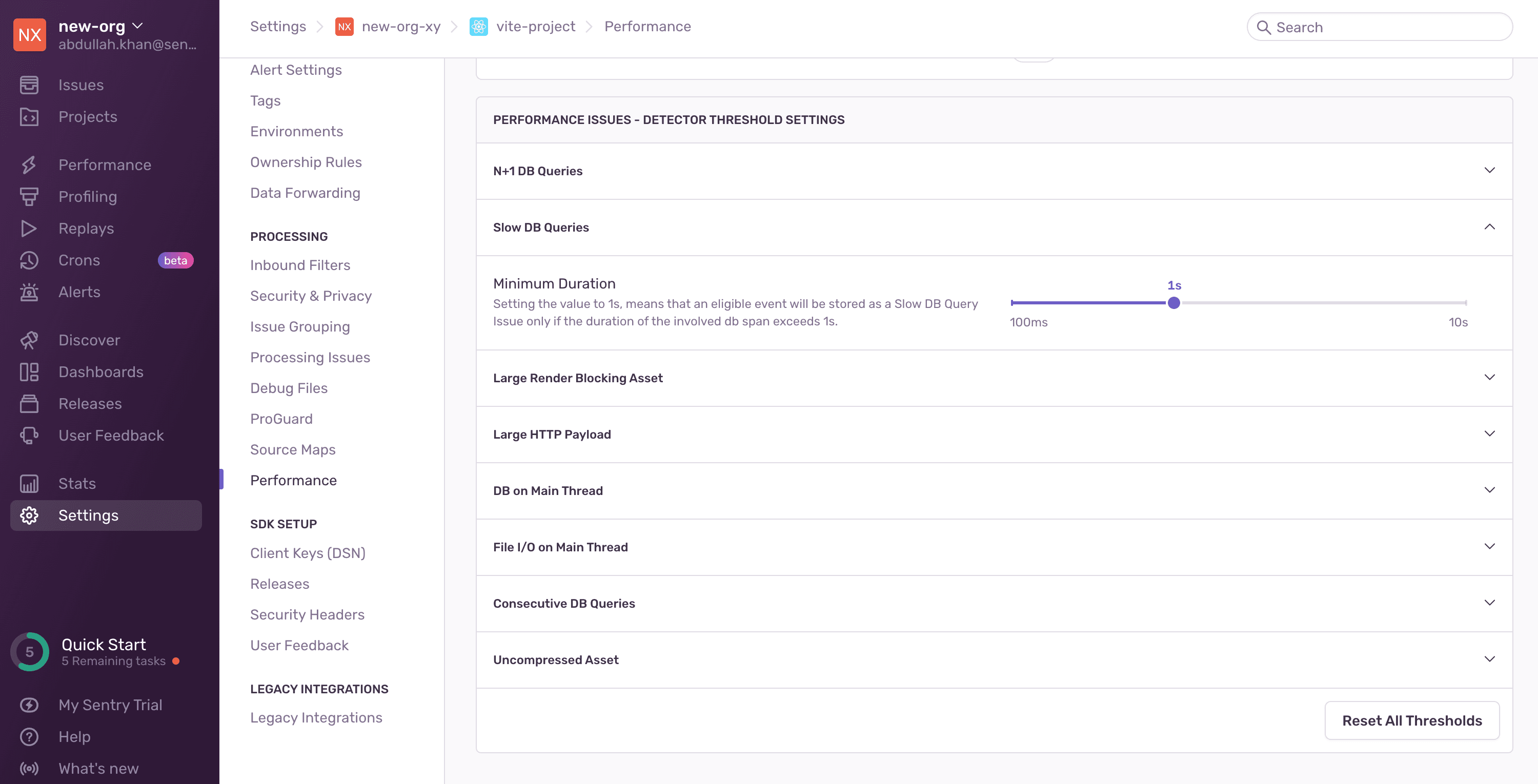 Slow DB Query detector threshold settings